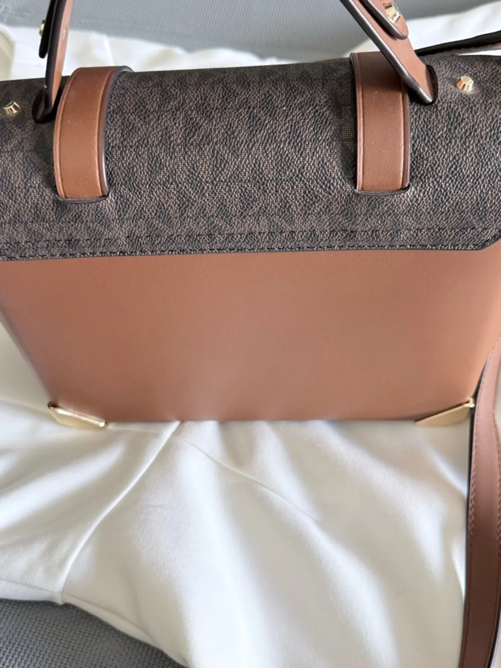 Michael Kors Brown and Tan MK Monogram Satchel with Gold Hardware - Picture 2 of 4